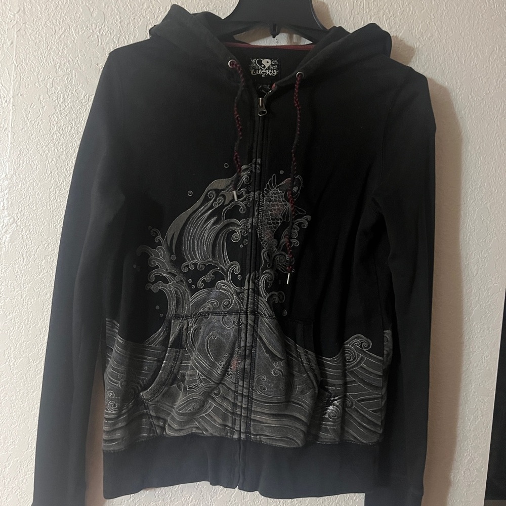 Lucky Brand Black Hoodie with Silver Wave Design